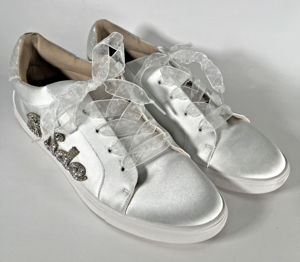 Betsy Johnson Bride Tennis Shoes White Satin Rhinestone Wedding Reception 10M